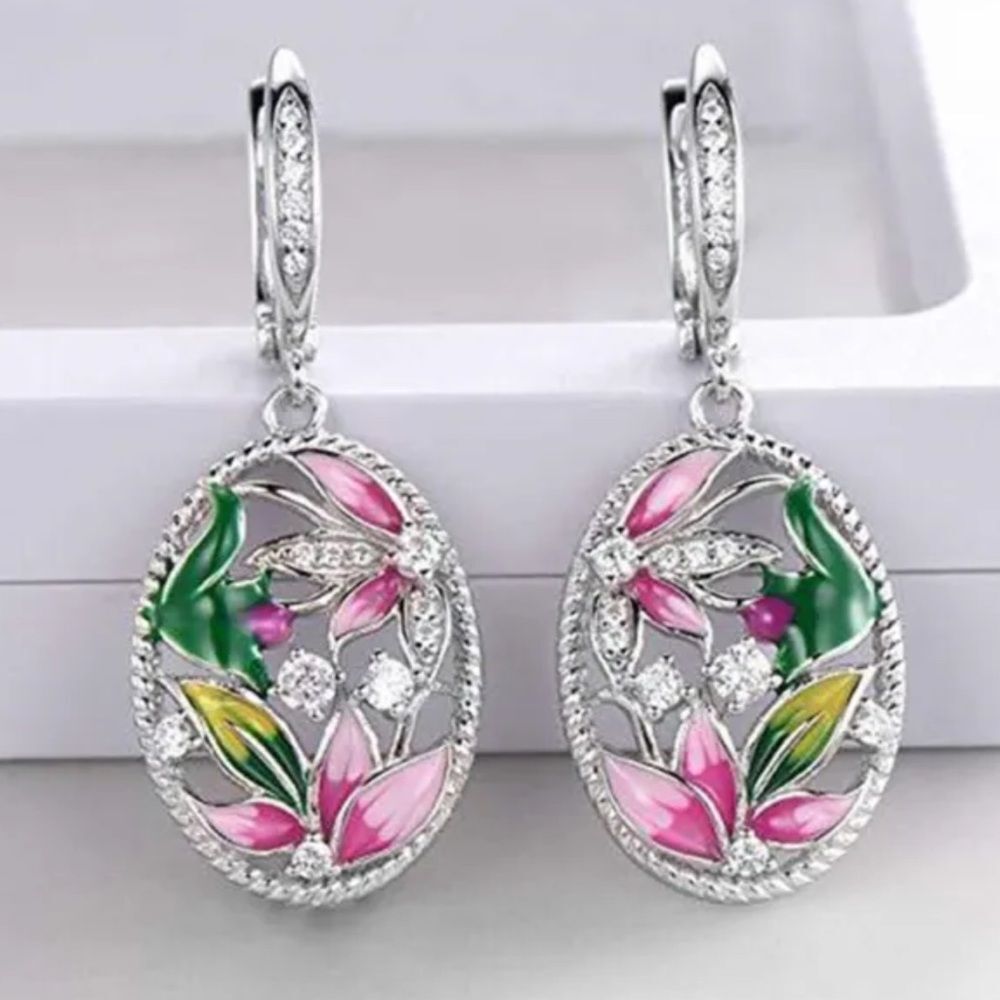 🌸Beautiful Sterling Silver Pink Hibiscus Floral Flower print Earrings